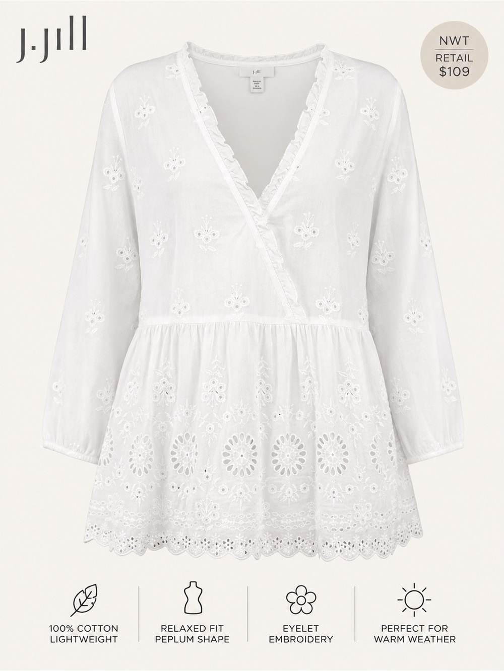 J. Jill White Embroidered Eyelet V-Neck Tunic